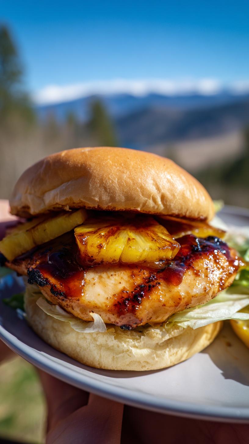 A delicious Hawaiian chicken sandwich with grilled chicken, pineapple slices, and lettuce on a bun.