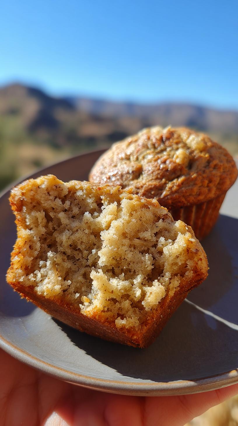 Healthy Banana Oat Muffins 12 Soft Bites 6 Close-up of a healthy banana oat muffin, one broken in half to show its soft and fluffy interior.