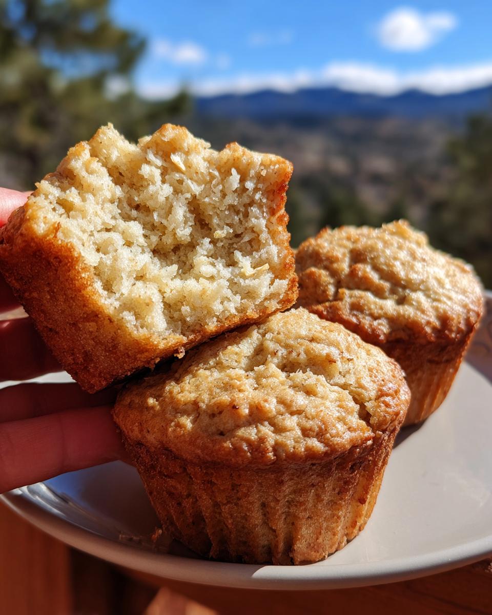 Healthy Banana Oat Muffins 12 Soft Bites 8 Close-up of a hand holding a broken Healthy Banana Oat Muffin, revealing its soft and fluffy interior. Two whole muffins are on a plate in the background.