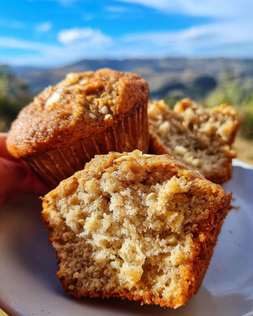 Healthy Banana Oat Muffins 12 Soft Bites 9 Close-up of a halved Healthy Banana Oat Muffin showing its soft and fluffy texture with visible oats and banana pieces.