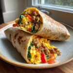 A close-up of a Healthy Breakfast Burrito with Turkey Sausage, cut in half to reveal scrambled eggs, turkey sausage, spinach, and red peppers.