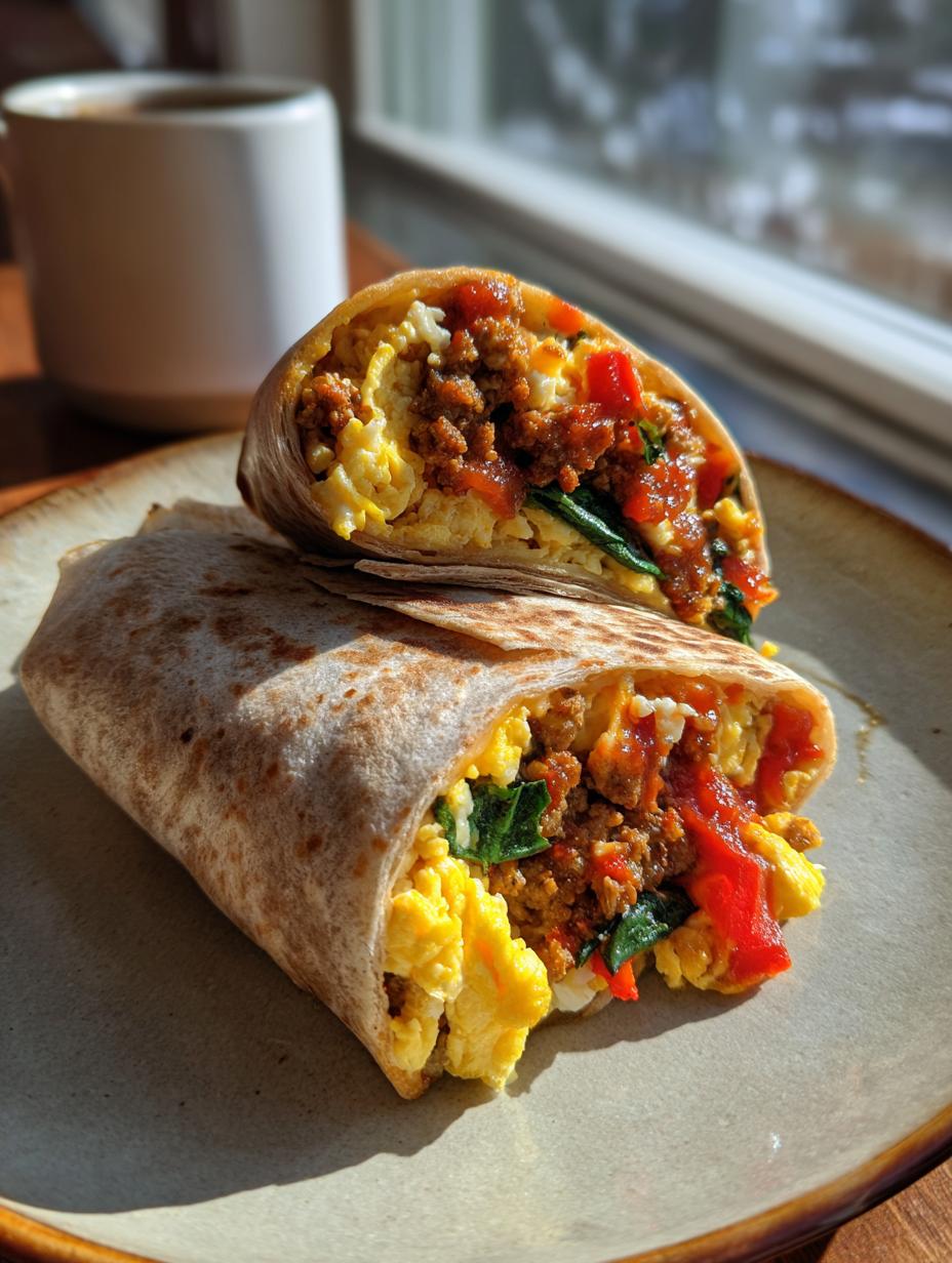 A healthy breakfast burrito with turkey sausage, scrambled eggs, spinach, and salsa, cut in half.