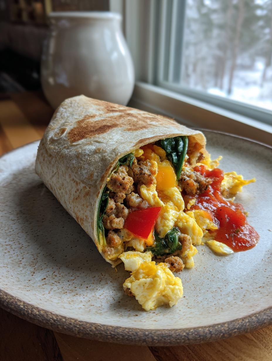 A Healthy Breakfast Burrito with Turkey Sausage, scrambled eggs, spinach, and peppers on a plate with salsa.