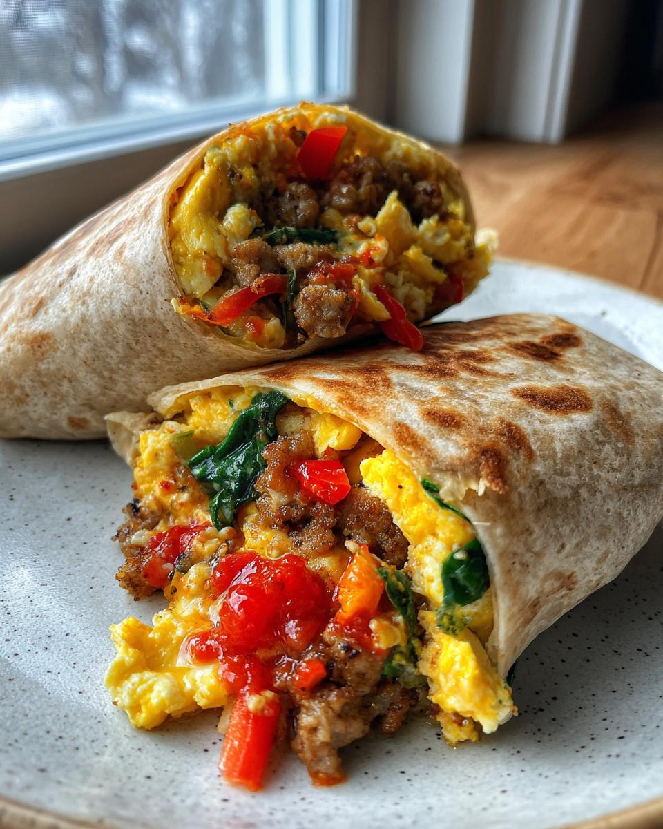 A close-up of a Healthy Breakfast Burrito with Turkey Sausage, cut in half to reveal scrambled eggs, turkey sausage, spinach, and red peppers.