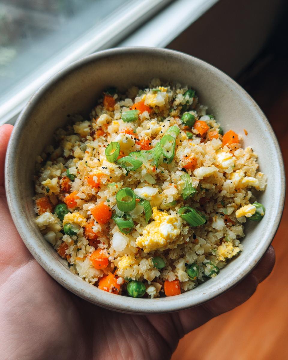 A bowl of Healthy Cauliflower Fried Rice with peas, carrots, scrambled egg, and green onions.