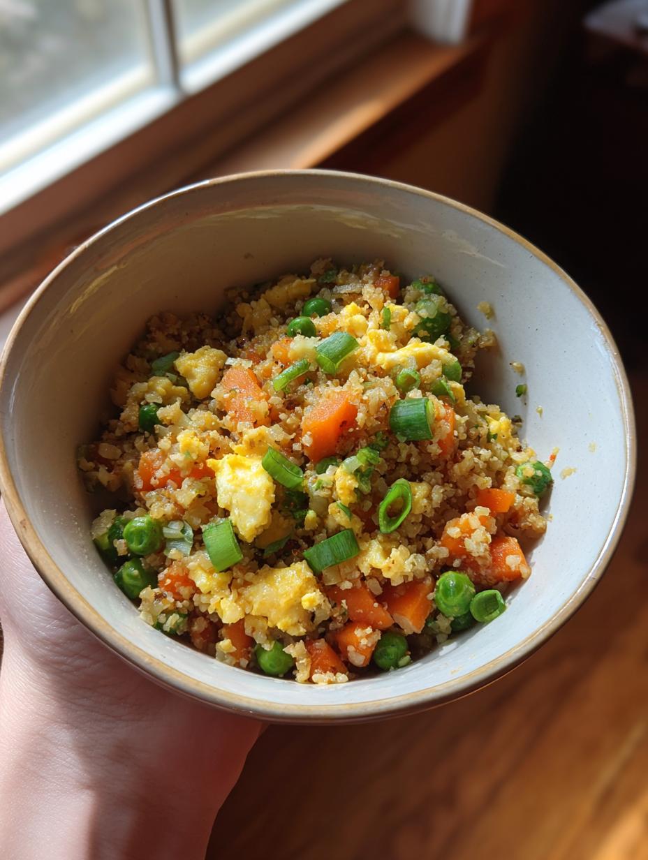 A bowl of Healthy Cauliflower Fried Rice with scrambled eggs, carrots, peas, and green onions.
