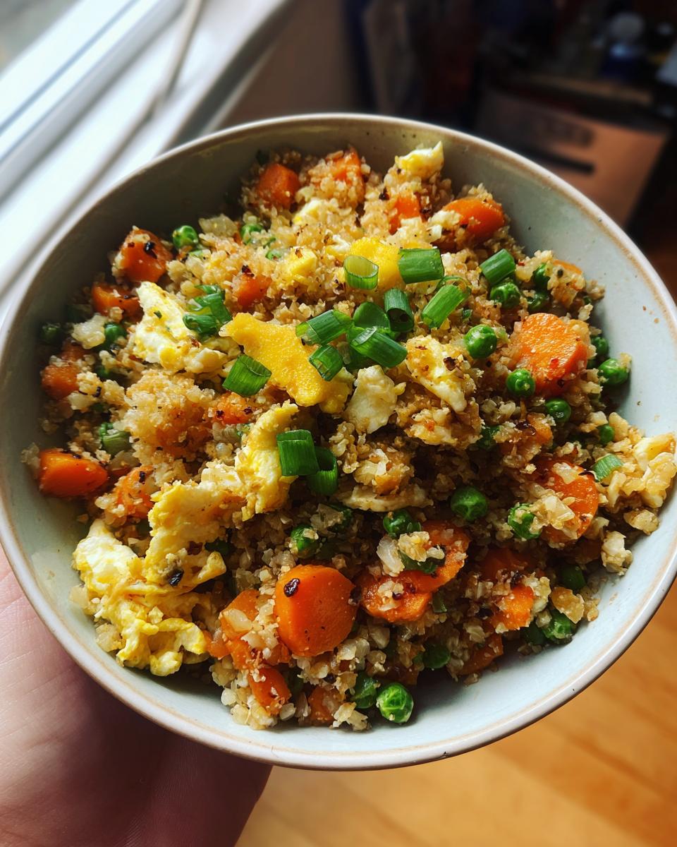 A bowl of Healthy Cauliflower Fried Rice filled with scrambled egg, carrots, and peas, garnished with green onions.