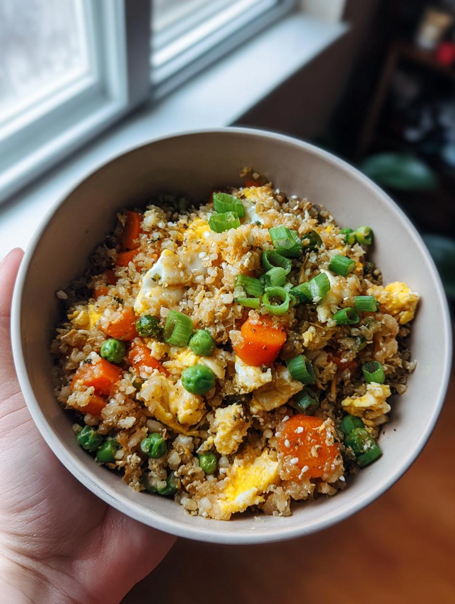A bowl of Healthy Cauliflower Fried Rice with scrambled eggs, carrots, peas, and green onions.