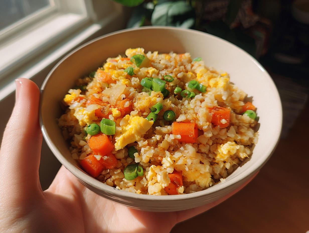 A close-up of a bowl filled with Healthy Cauliflower Fried Rice, featuring scrambled eggs, carrots, peas, and green onions.