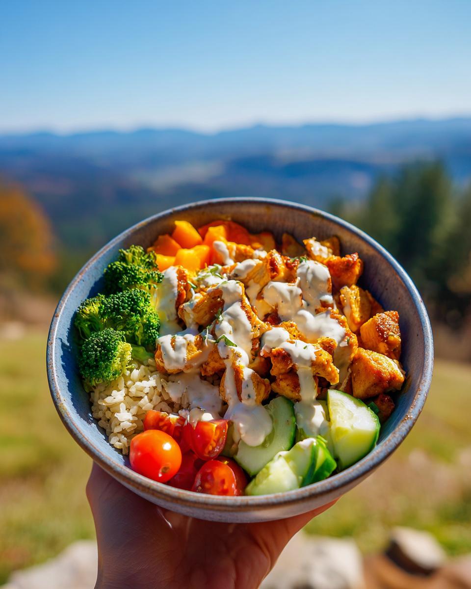 Healthy Chicken Bowl Meal Prep Recipe: 4 Lunches 9 A hand holds a bowl filled with a healthy chicken bowl meal prep recipe, featuring chicken, rice, broccoli, tomatoes, cucumber, and a creamy dressing.