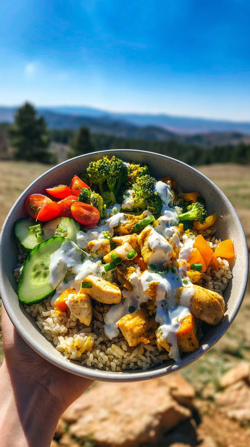 Healthy Chicken Bowl Meal Prep Recipe: 4 Lunches 7 A healthy chicken bowl meal prep featuring brown rice, seasoned chicken, broccoli, cucumber, tomatoes, and a creamy dressing.