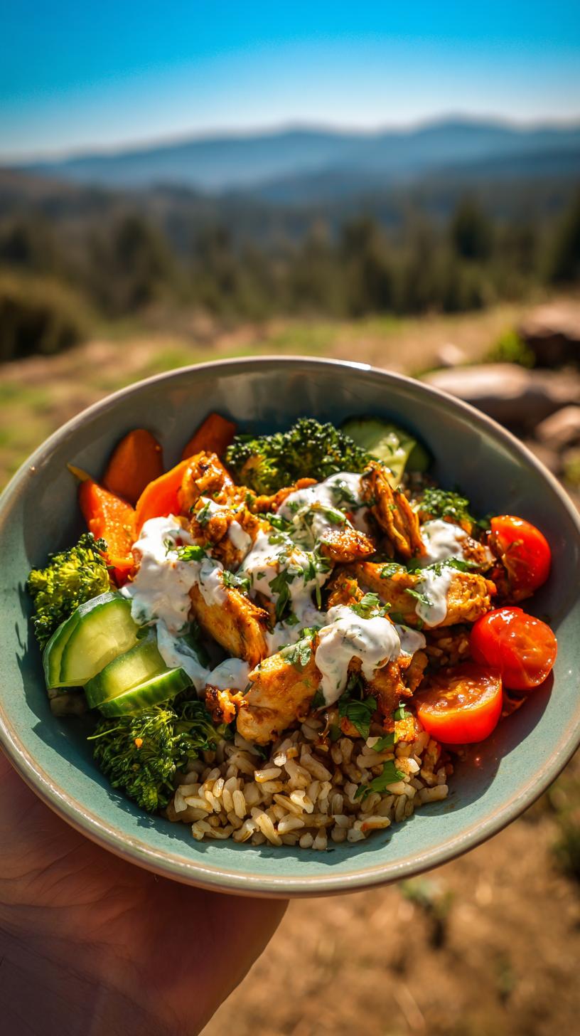 Healthy Chicken Bowl Meal Prep Recipe: 4 Lunches 8 A healthy chicken bowl meal prep featuring seasoned chicken, brown rice, broccoli, carrots, cucumber, and cherry tomatoes, drizzled with sauce.