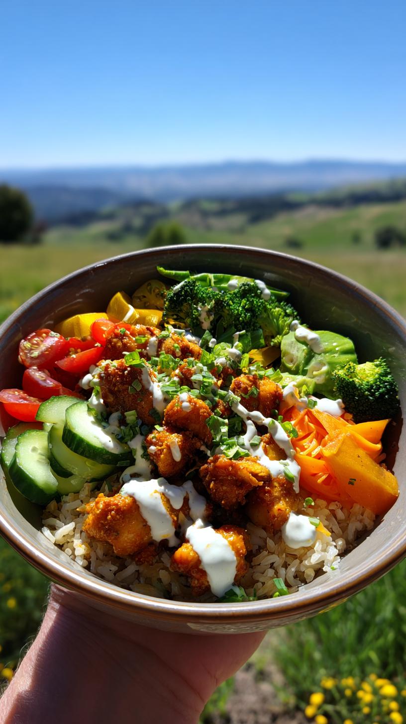Healthy Chicken Bowl Meal Prep Recipe: 4 Lunches 6 A vibrant Healthy Chicken Bowl Meal Prep Recipe featuring seasoned chicken, brown rice, broccoli, cucumber, tomatoes, and a drizzle of sauce.