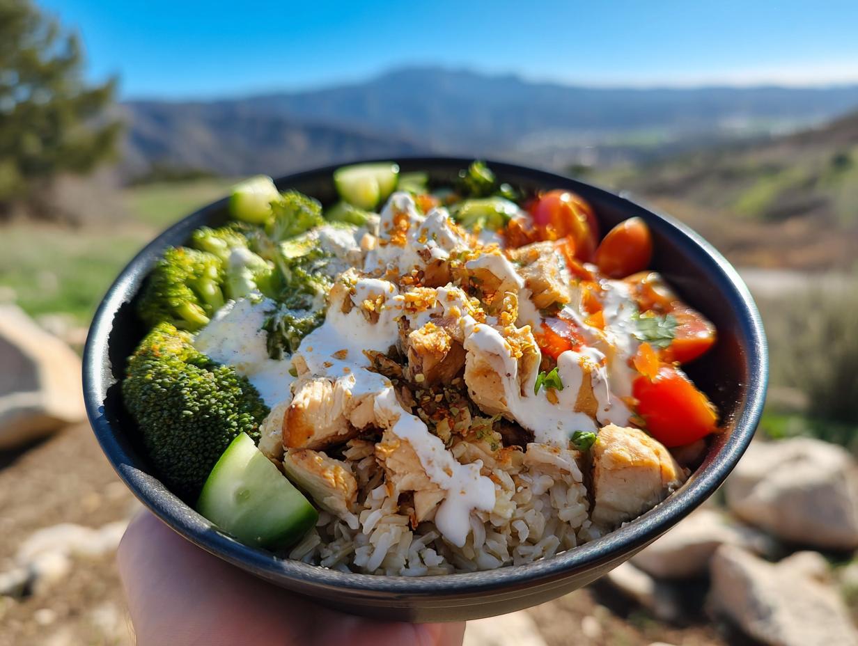A vibrant and healthy chicken bowl meal prep with rice, chicken, broccoli, tomatoes, cucumber, and a creamy dressing.
