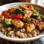 A close-up, appetizing bowl of Healthy Chicken Stir Fry with Brown Rice, featuring tender chicken, broccoli, red and green bell peppers in a glossy sauce.