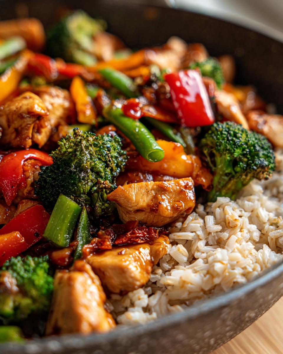 Amazing Healthy Chicken Stir Fry with Brown Rice 6 Close-up of a Healthy Chicken Stir Fry with Brown Rice, featuring chicken pieces, broccoli, bell peppers, and green beans in a glossy sauce.