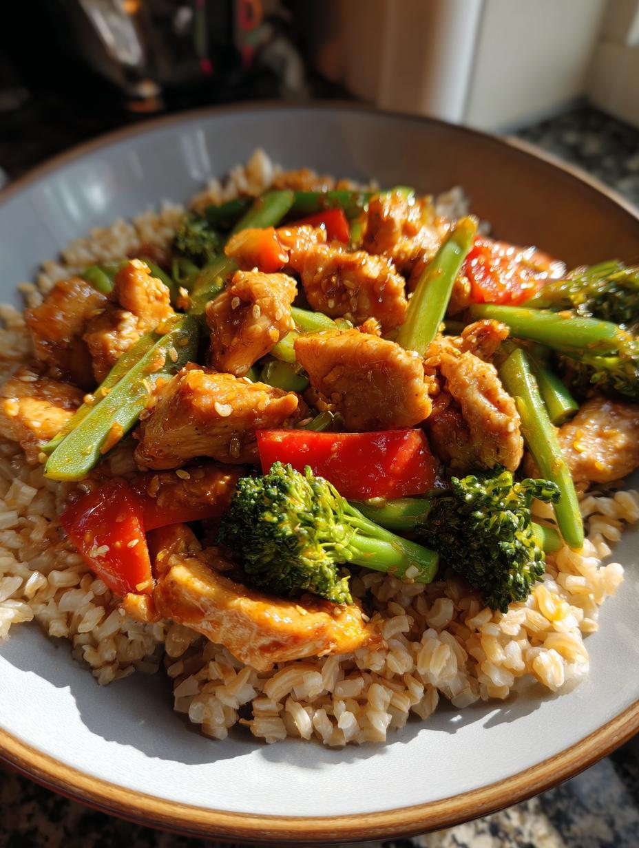 Amazing Healthy Chicken Stir Fry with Brown Rice 8 A bowl of Healthy Chicken Stir Fry with Brown Rice, featuring chicken pieces, broccoli, bell peppers, and green beans.