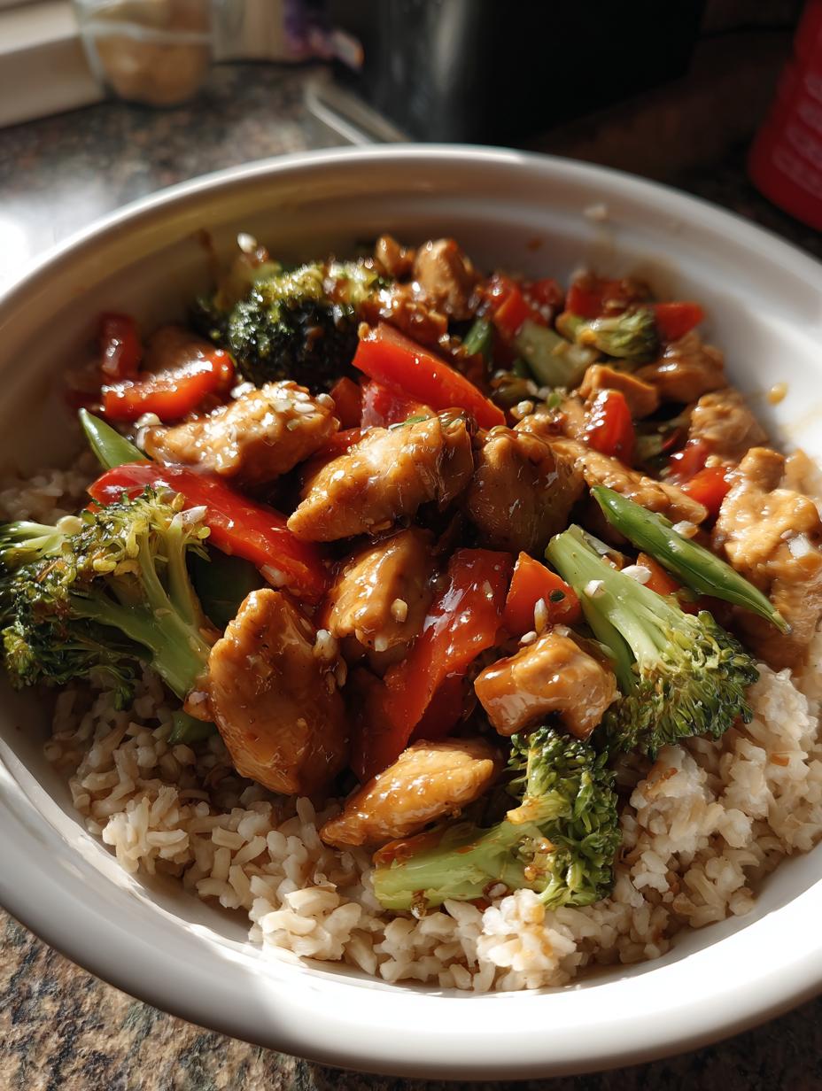 Amazing Healthy Chicken Stir Fry with Brown Rice 9 A close-up of a bowl filled with healthy chicken stir fry and brown rice, featuring chicken pieces, broccoli, and red peppers.