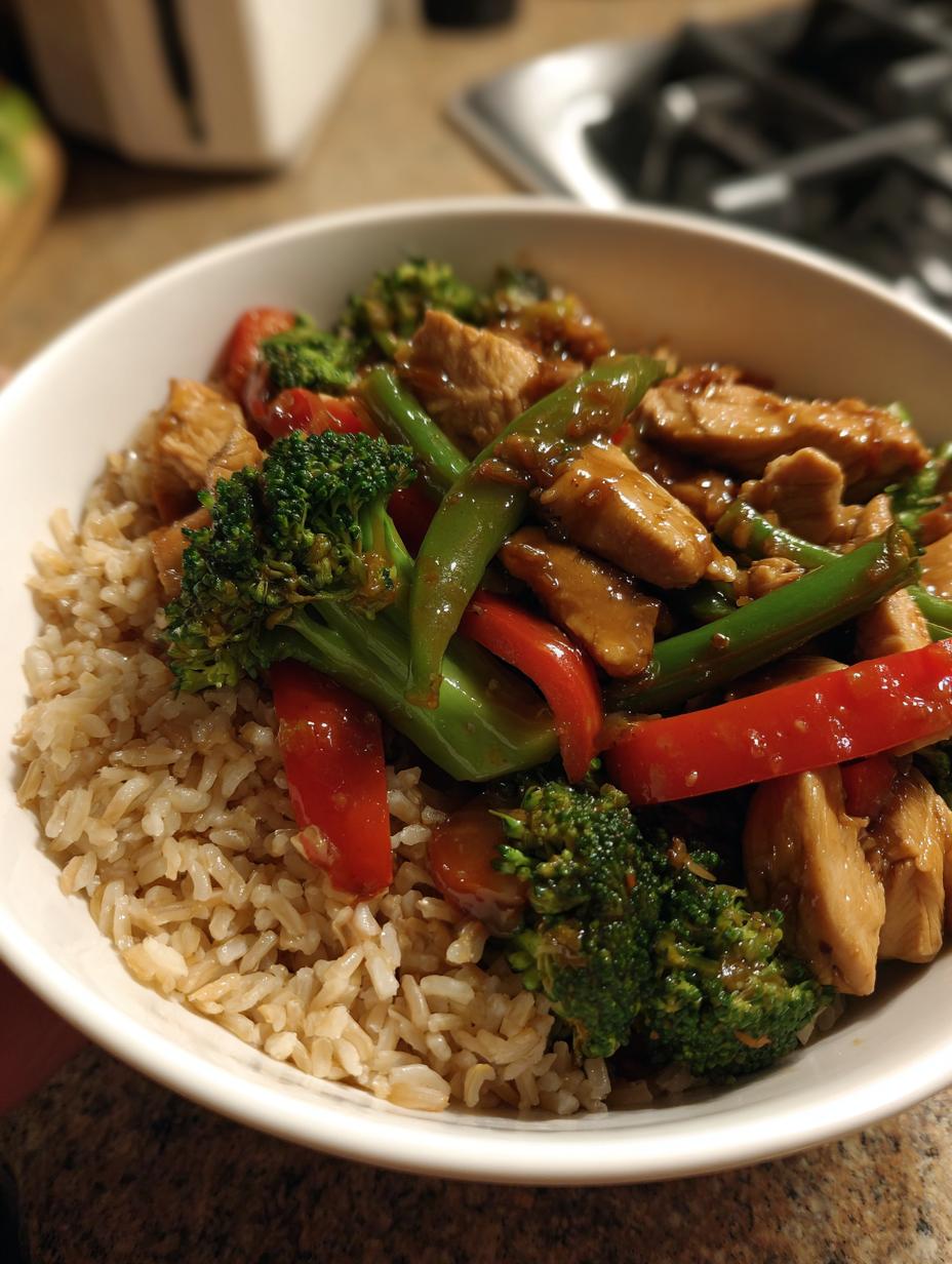 Amazing Healthy Chicken Stir Fry with Brown Rice 7 A close-up of a bowl filled with healthy chicken stir fry and brown rice, featuring chicken, broccoli, green beans, and red peppers.