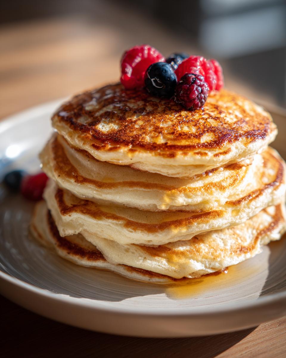 A stack of fluffy Healthy Cottage Cheese Pancakes topped with fresh raspberries and blueberries, drizzled with syrup.