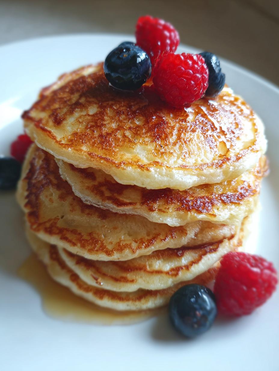 A stack of golden-brown Healthy Cottage Cheese Pancakes topped with fresh raspberries and blueberries.