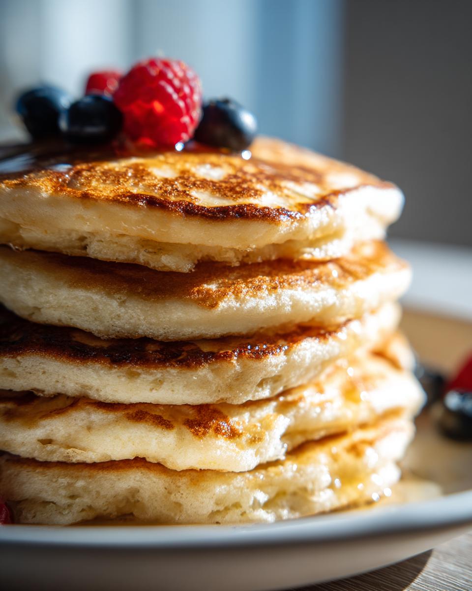 A stack of fluffy Healthy Cottage Cheese Pancakes topped with fresh raspberries and blueberries and drizzled with syrup.