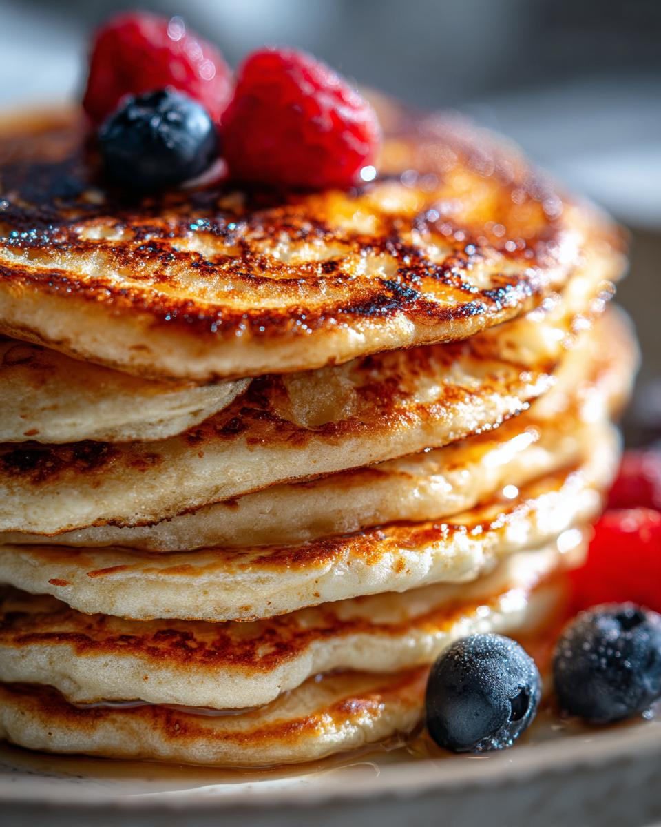 A tall stack of golden-brown Healthy Cottage Cheese Pancakes topped with fresh raspberries and blueberries.