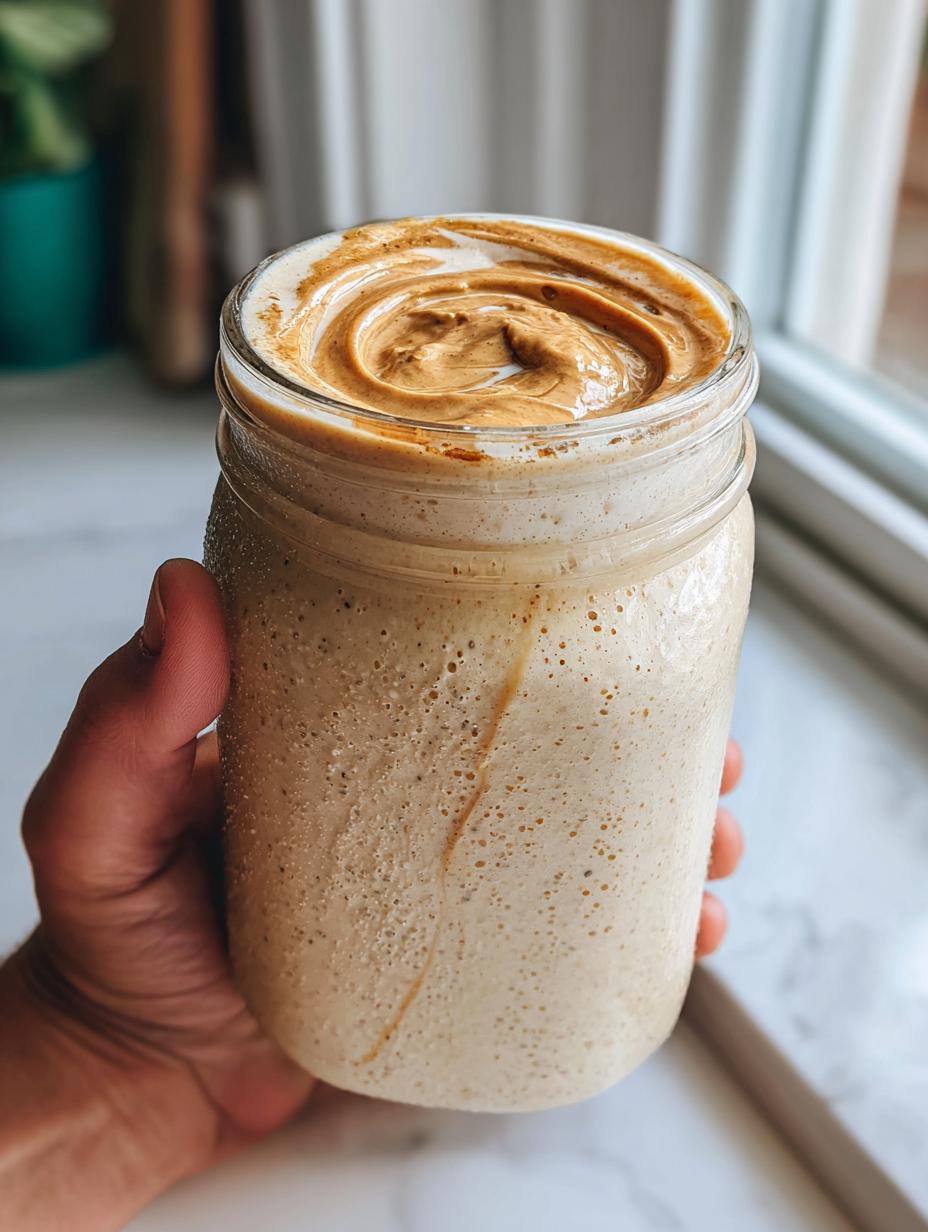 Amazing Healthy Peanut Butter Banana Smoothie 4 A hand holds a mason jar filled with a creamy Healthy Peanut Butter Banana Smoothie, topped with a swirl of peanut butter.