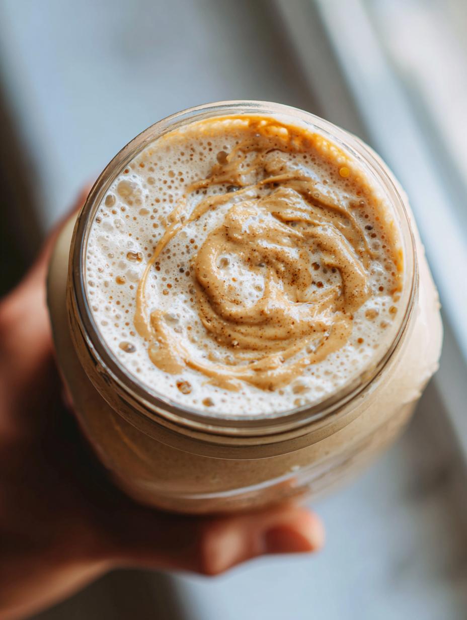 Amazing Healthy Peanut Butter Banana Smoothie 5 Top view of a Healthy Peanut Butter Banana Smoothie in a jar, with a swirl of peanut butter on top and foamy texture.