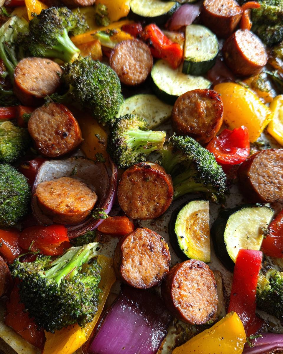 Close-up of Healthy Sheet Pan Sausage and Veggies featuring sliced sausage, broccoli, bell peppers, zucchini, and red onion.