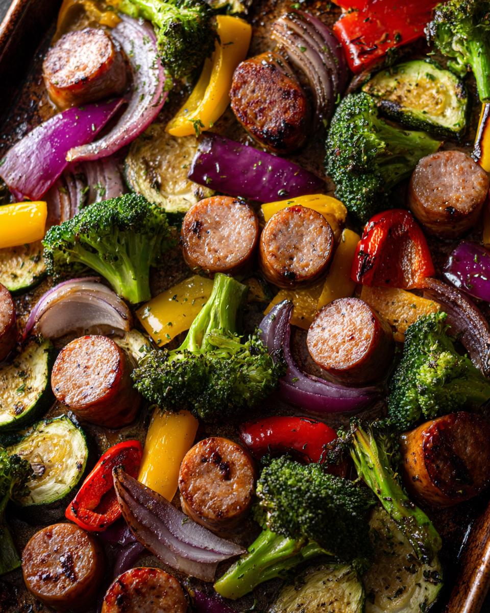 Close-up of a sheet pan filled with roasted sausage, broccoli, bell peppers, red onion, and zucchini.