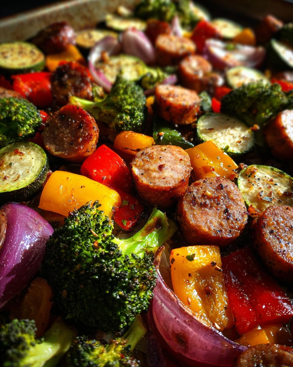 Close-up of Healthy Sheet Pan Sausage and Veggies, featuring sliced sausage, broccoli, bell peppers, zucchini, and red onion.