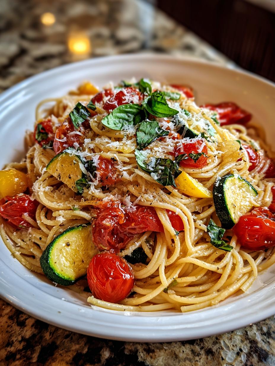 A close-up of Healthy Tomato Zucchini Pasta, featuring spaghetti, cherry tomatoes, zucchini slices, and fresh basil, topped with grated cheese.