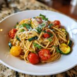 A bowl of Healthy Tomato Zucchini Pasta topped with fresh basil and grated Parmesan cheese.