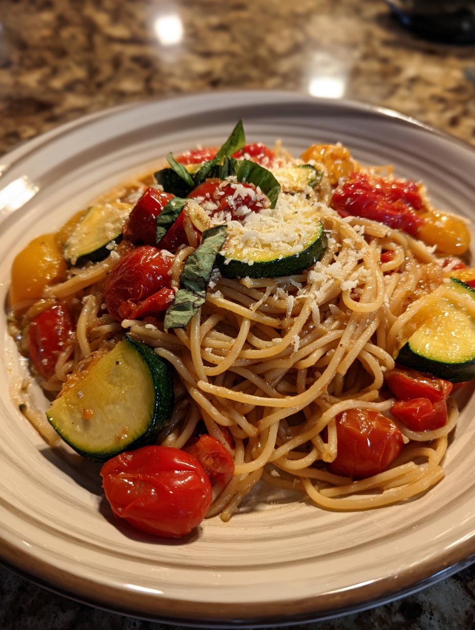 A close-up of Healthy Tomato Zucchini Pasta, featuring whole wheat spaghetti, cherry tomatoes, zucchini slices, and grated Parmesan cheese.