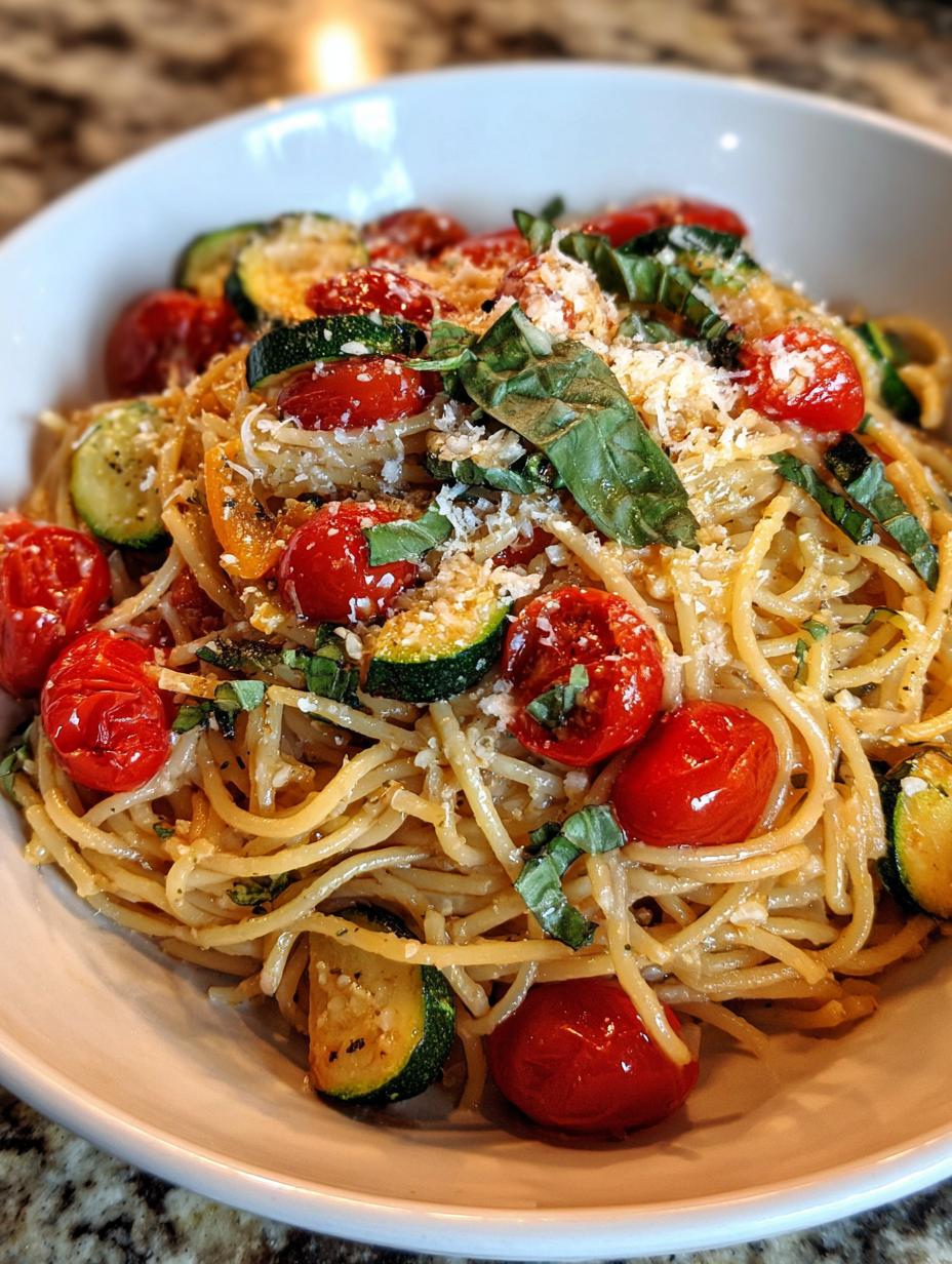 A close-up of a bowl filled with Healthy Tomato Zucchini Pasta, featuring spaghetti, cherry tomatoes, zucchini slices, and fresh basil.