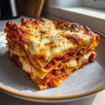 A delicious slice of Hearty Italian Style Lasagna with Beef, showing layers of pasta, rich meat sauce, and melted cheese.