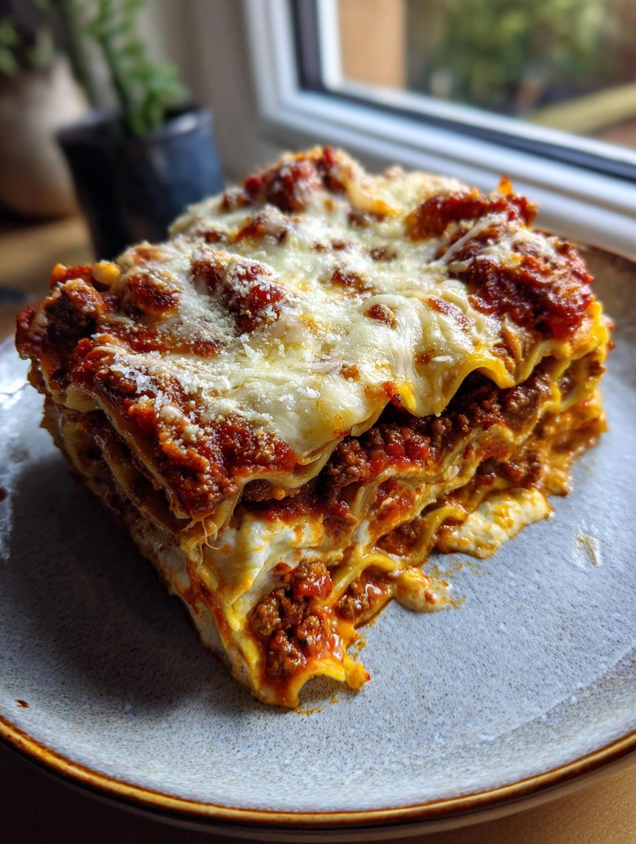 A generous slice of Hearty Italian Style Lasagna with Beef, showing layers of pasta, rich meat sauce, and melted cheese.