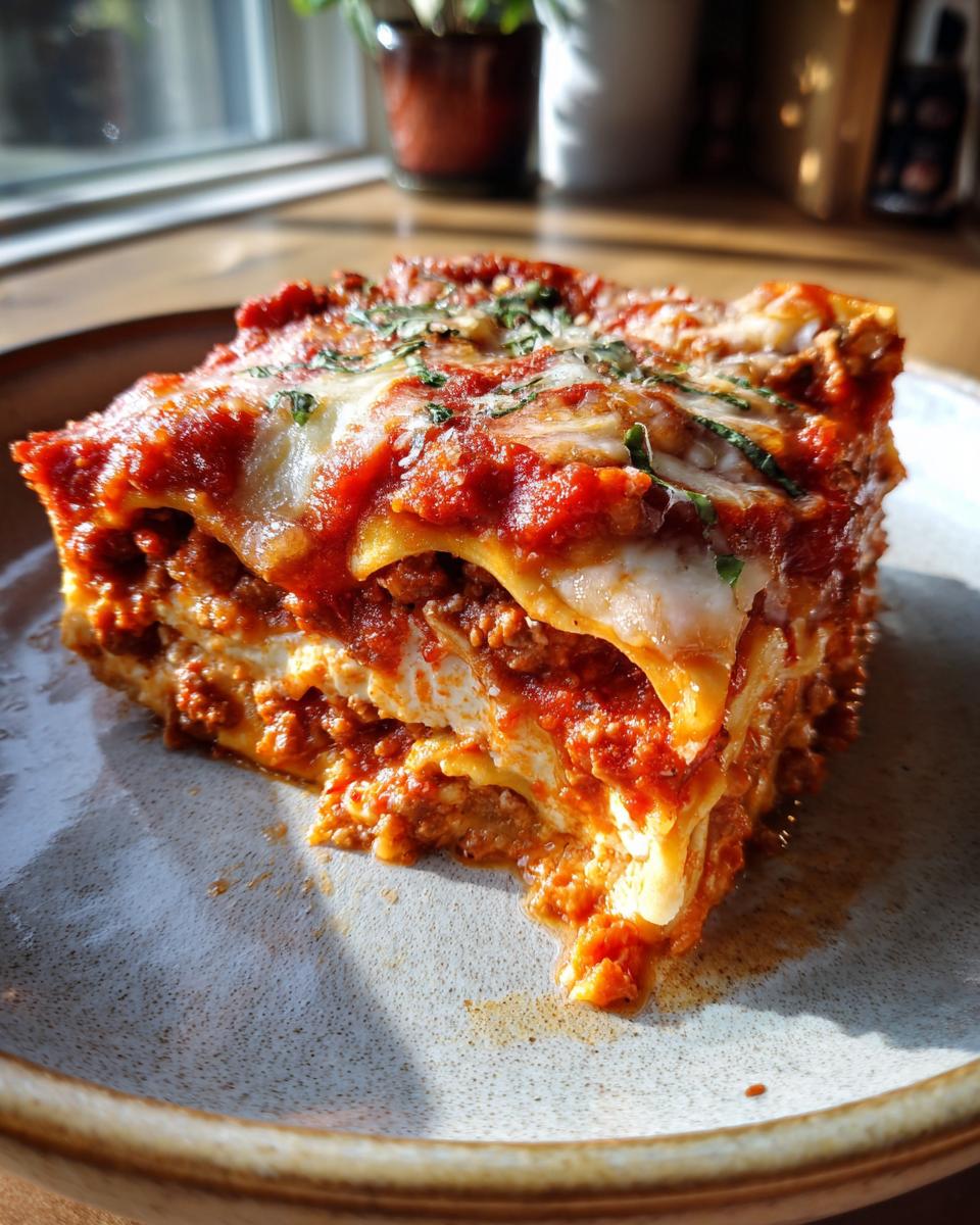 A delicious slice of Hearty Italian Style Lasagna with Beef, showing layers of pasta, rich meat sauce, and melted cheese.