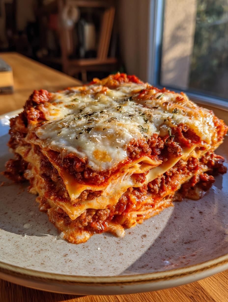 A delicious slice of Hearty Italian Style Lasagna with Beef, showcasing layers of pasta, rich meat sauce, and melted cheese.