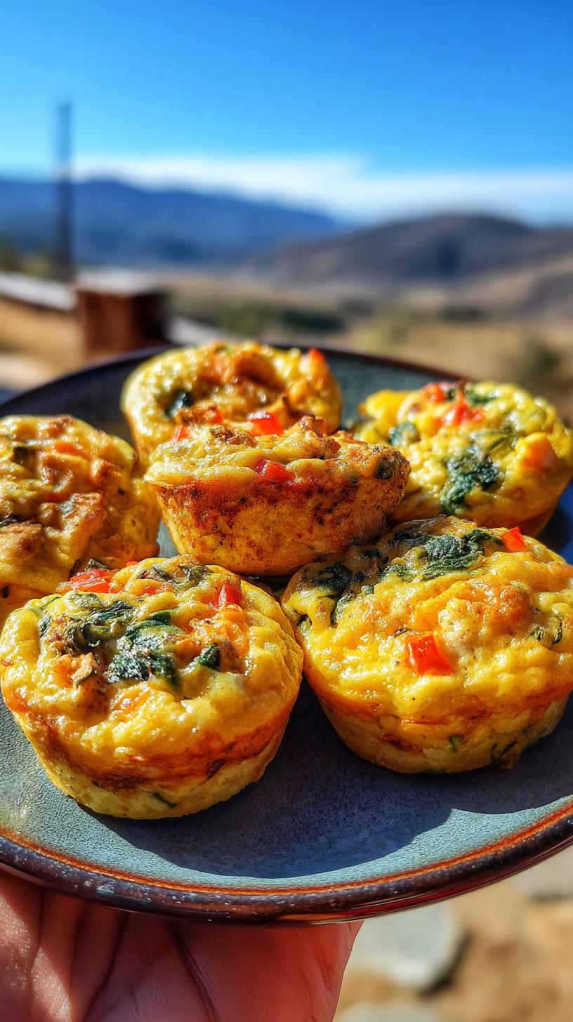 A plate of freshly baked High Protein Breakfast Muffins Meal Prep with visible spinach and red peppers.