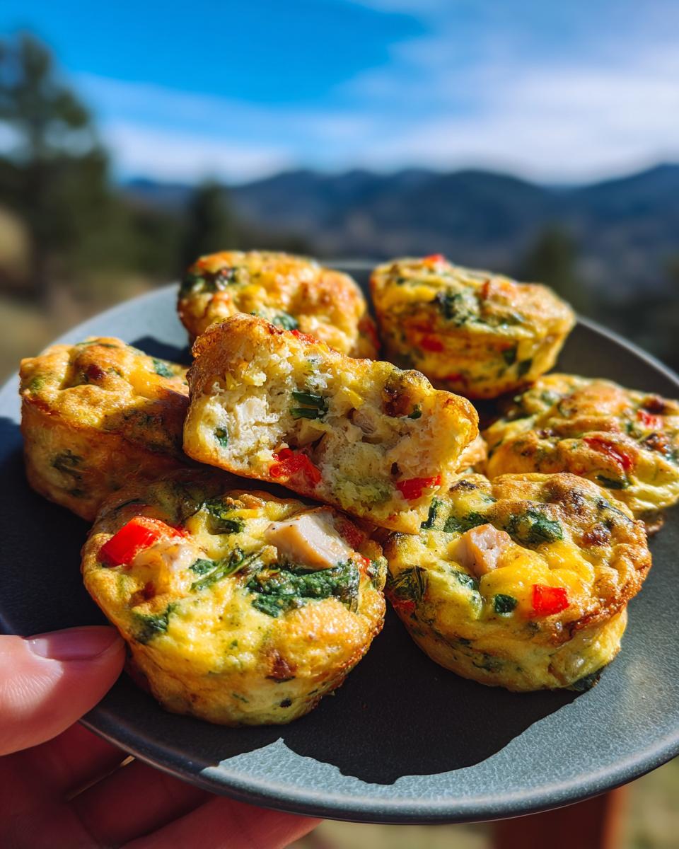 A plate of High Protein Breakfast Muffins Meal Prep, showing a close-up of one muffin cut in half with visible chicken, spinach, and red pepper.