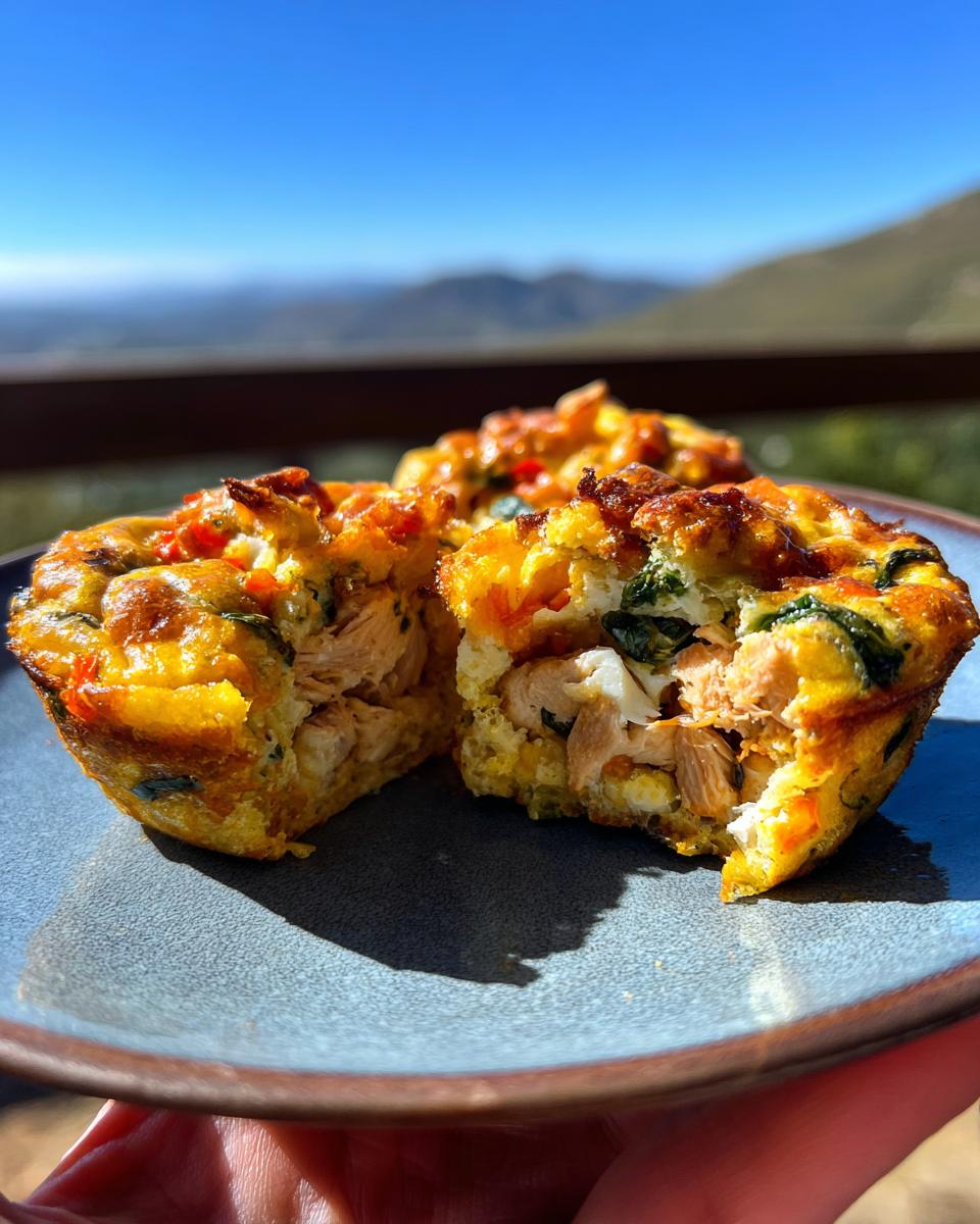 Close-up of a High Protein Breakfast Muffin cut in half, revealing shredded chicken, spinach, and egg.