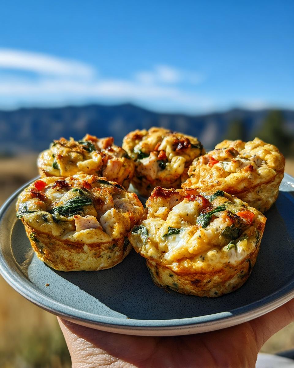A plate of five golden-brown High Protein Breakfast Muffins Meal Prep, filled with spinach and chicken, with a mountain backdrop.
