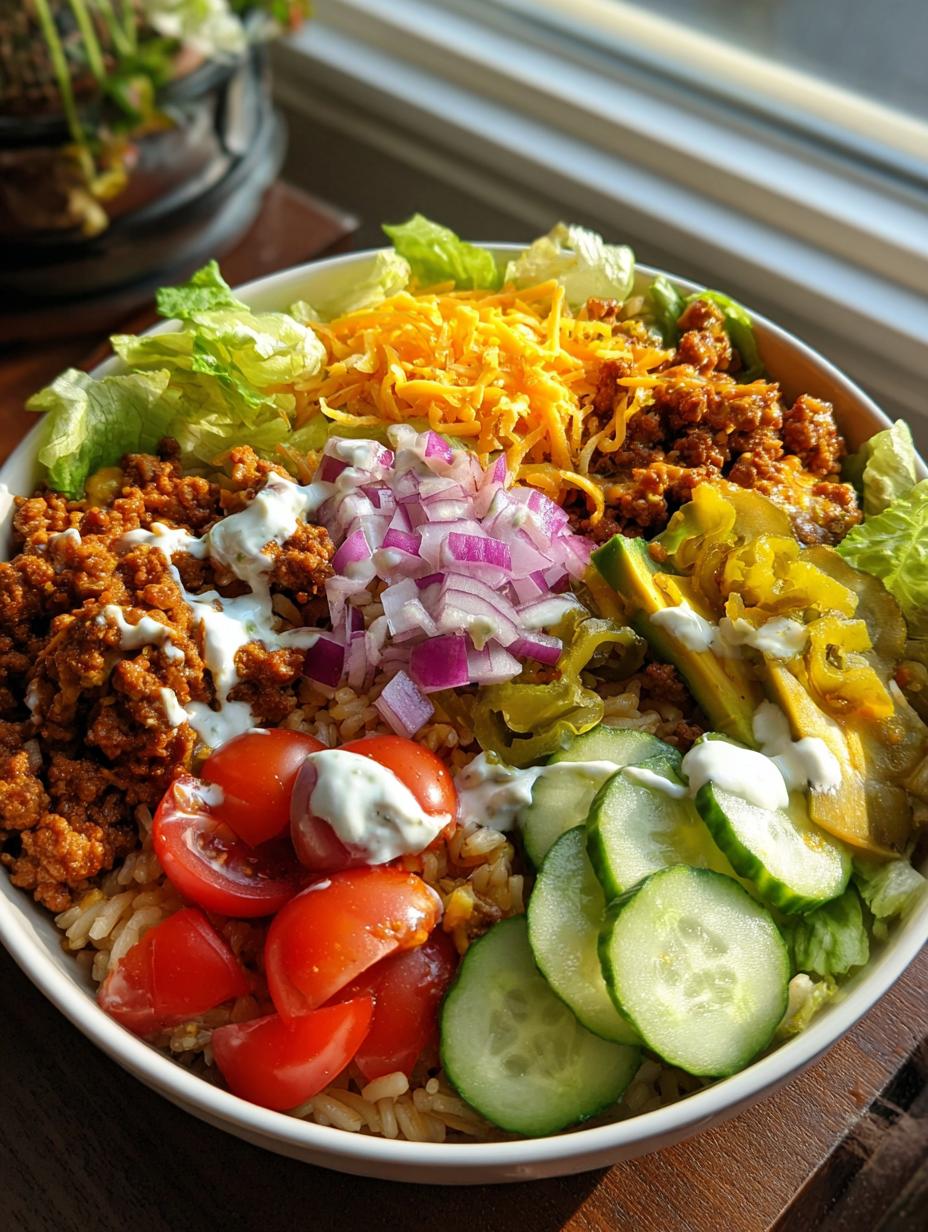 Amazing High Protein Burger Bowls in 30 Minutes 7 A vibrant High Protein Burger Bowl filled with seasoned ground beef, rice, lettuce, tomatoes, cucumbers, red onion, avocado, and cheese.