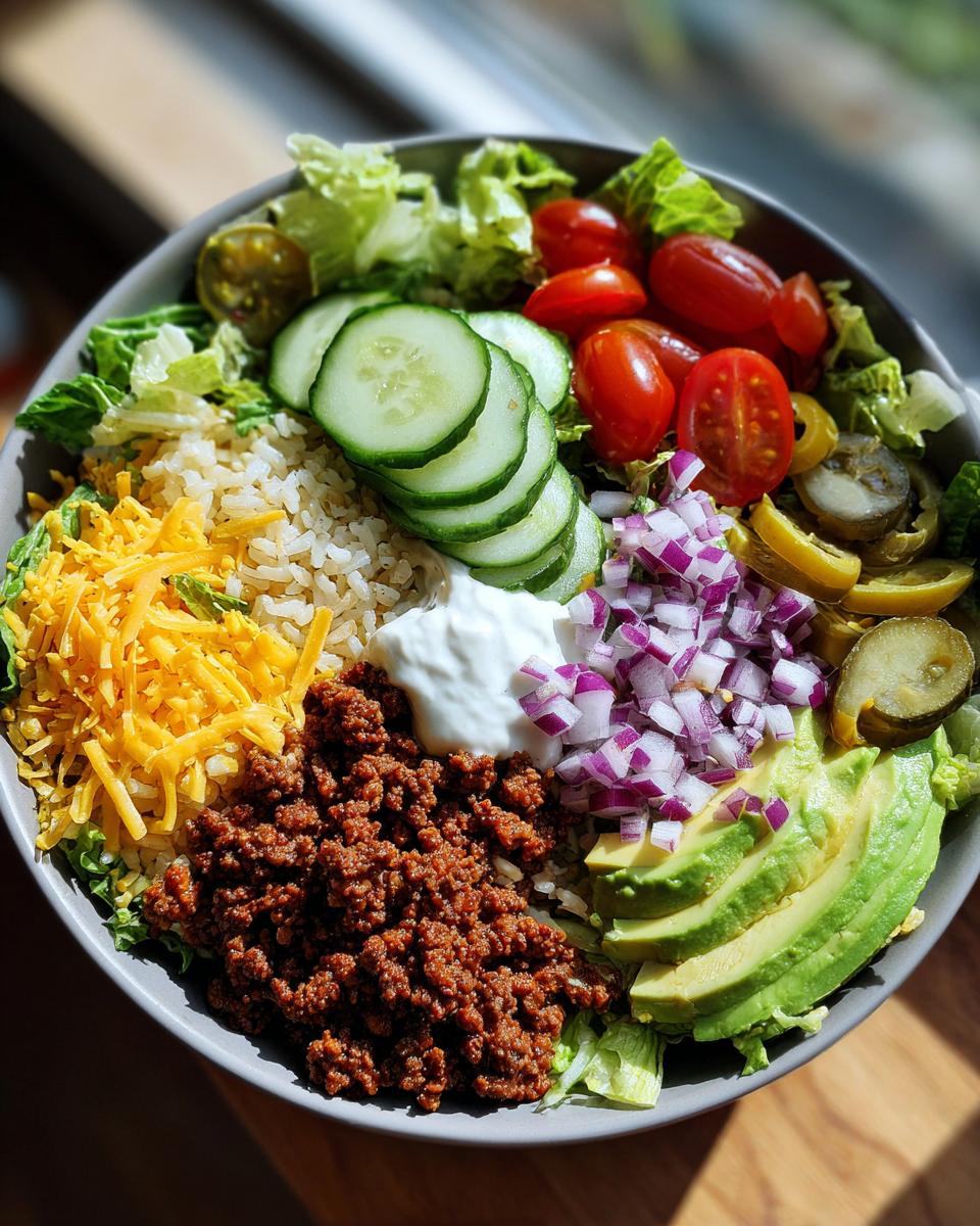 Amazing High Protein Burger Bowls in 30 Minutes 8 A delicious High Protein Burger Bowl filled with seasoned ground beef, rice, shredded cheese, avocado, tomatoes, cucumbers, and onions.