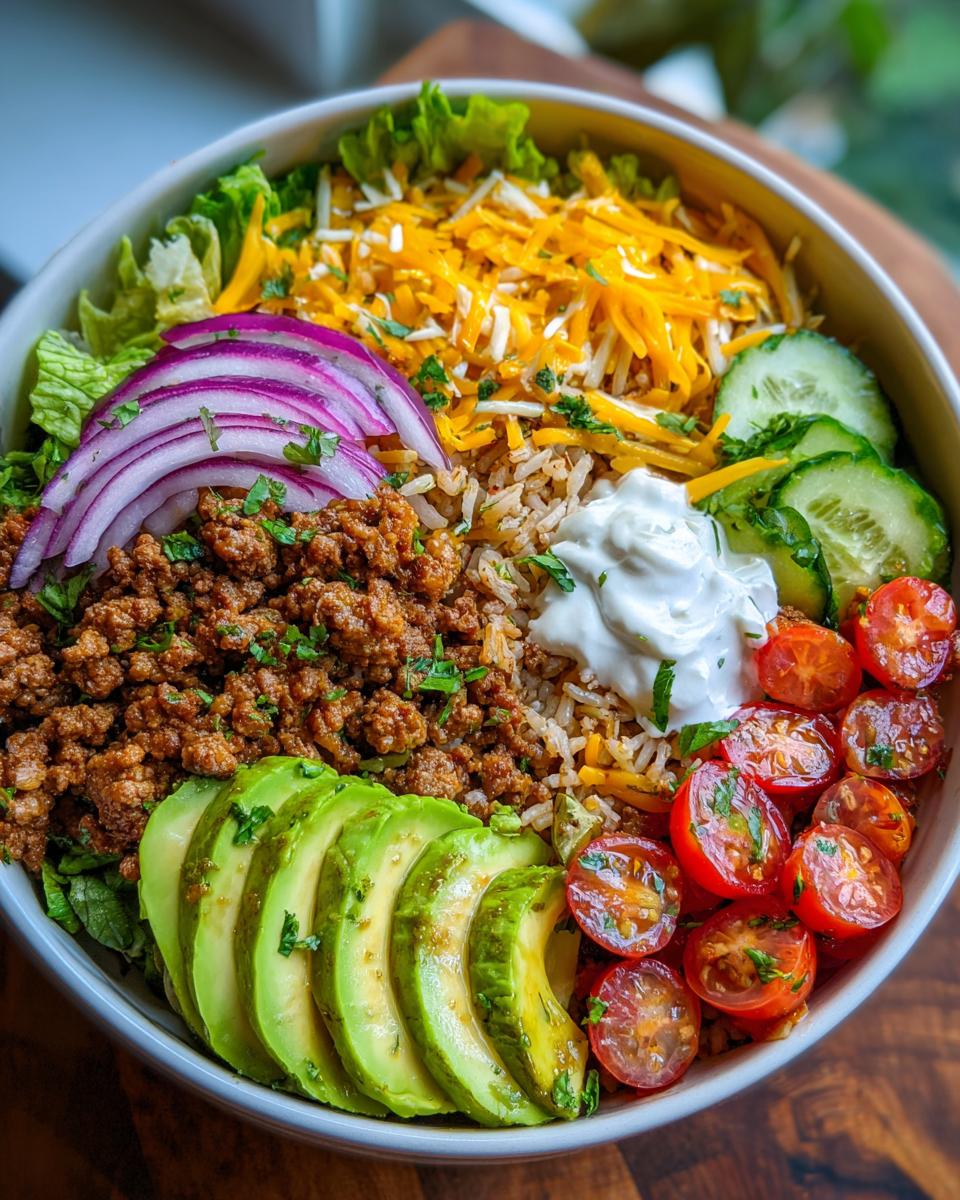 Amazing High Protein Burger Bowls in 30 Minutes 6 A vibrant High Protein Burger Bowl filled with seasoned ground beef, rice, avocado, tomatoes, cucumber, cheese, and lettuce.