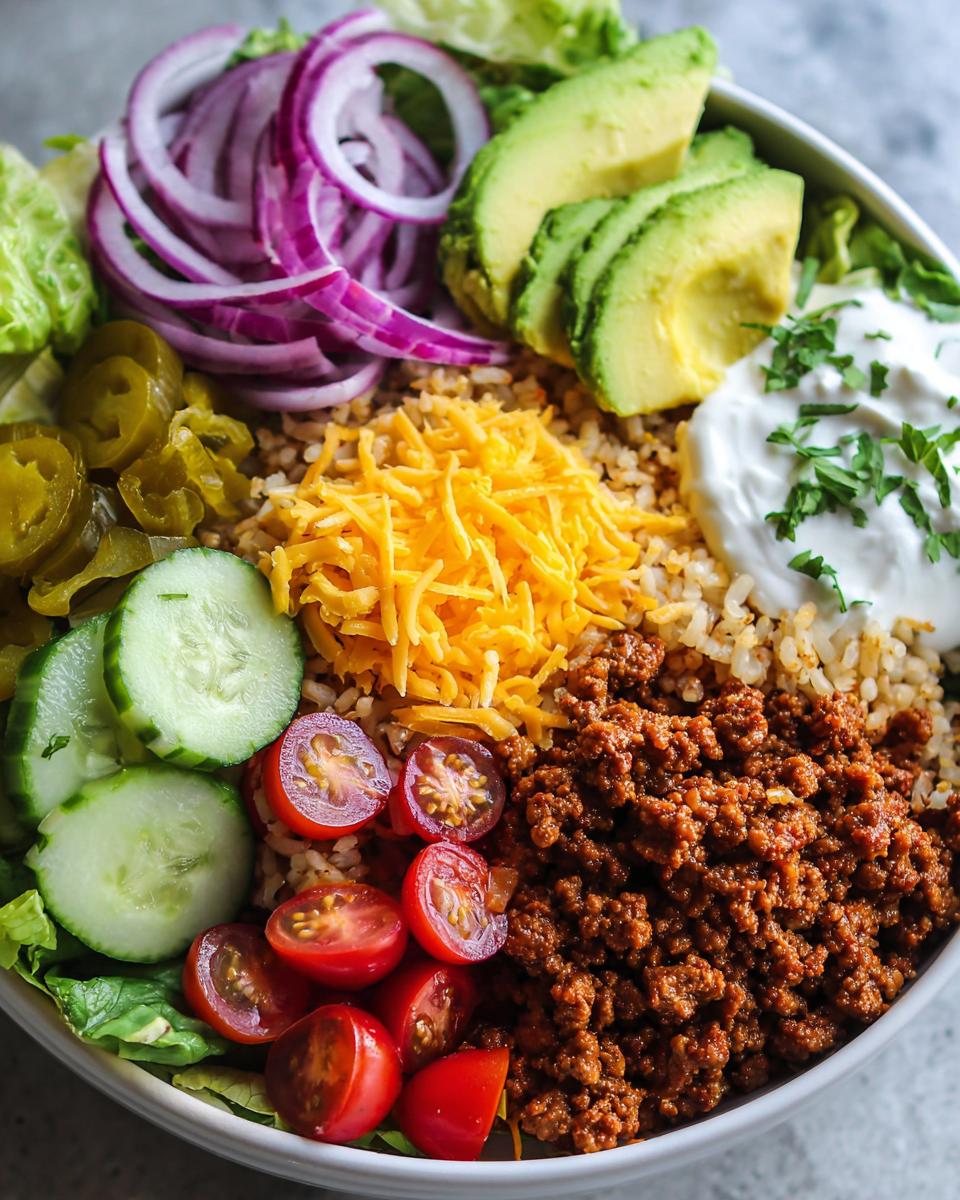 Amazing High Protein Burger Bowls in 30 Minutes 9 A vibrant High Protein Burger Bowl filled with seasoned ground beef, rice, shredded cheese, avocado, tomatoes, onions, and jalapeños.