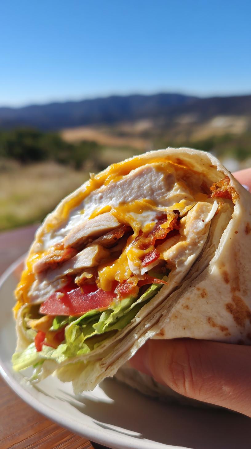 A delicious high protein chicken wrap filled with chicken breast, crispy bacon, melted cheese, lettuce, and tomato.