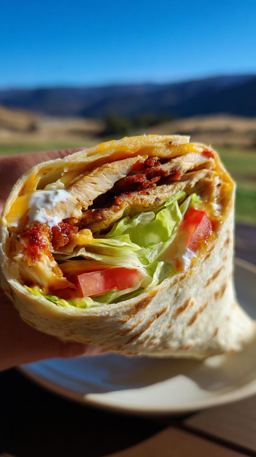 A close-up of a high protein chicken wrap filled with grilled chicken, lettuce, tomato, cheese, and sauce.